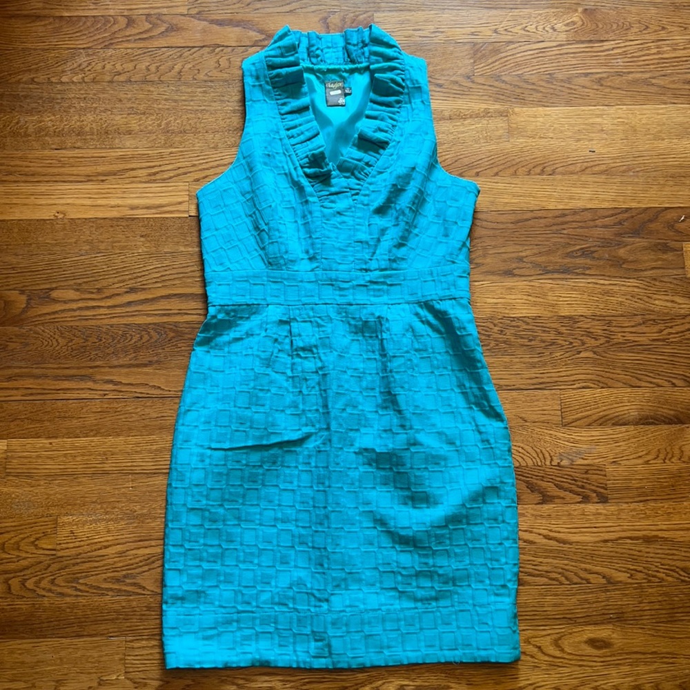 Taylor Ruffled Collar Teal Square Pattern Lined D… - image 1